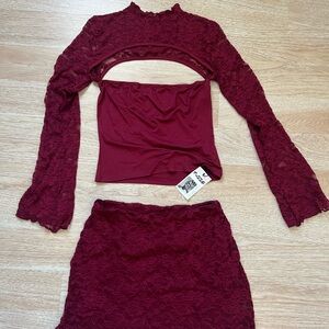 Burgundy Lace Two piece Skirt Set